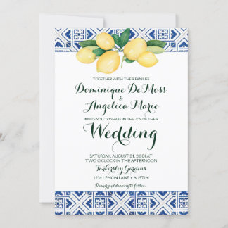 Invitación Lemon Boda Blue White Tile Mediterráneo