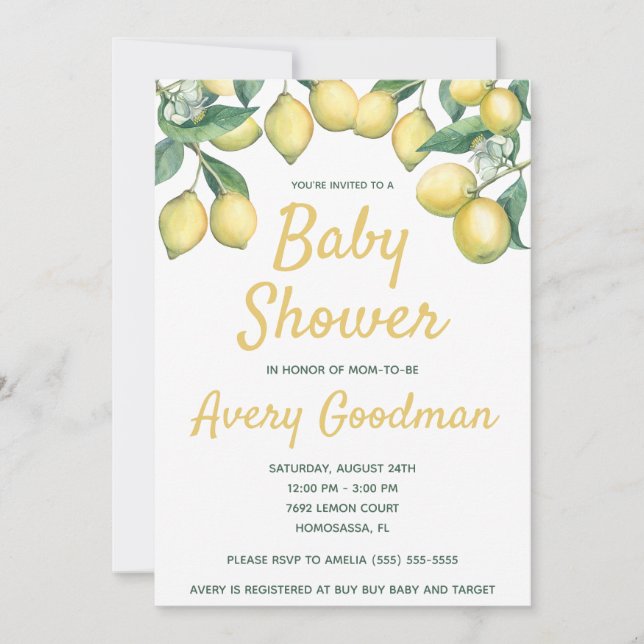 Invitación Lemon Branches Baby Shower (Anverso)