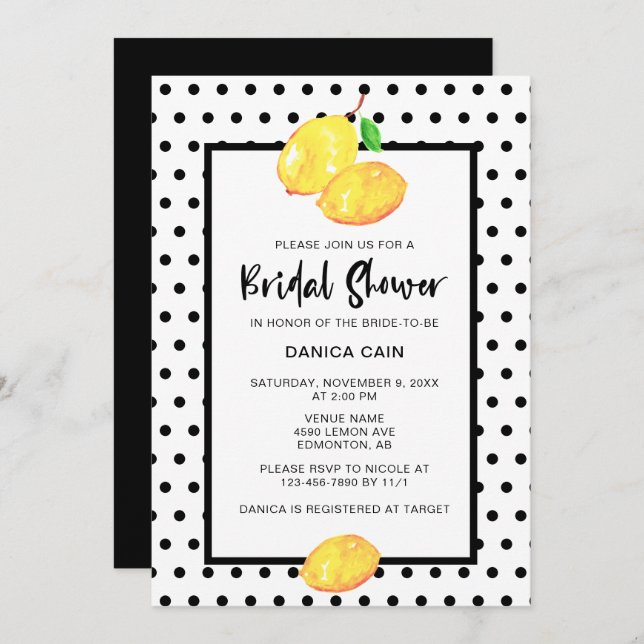 Invitación Lemon Bridal Shower Hand Lettering Polka Dots (Anverso / Reverso)