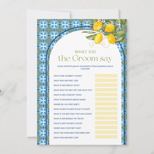 Invitación Lemon Bridal Shower What Groom Say Game Card (Anverso)