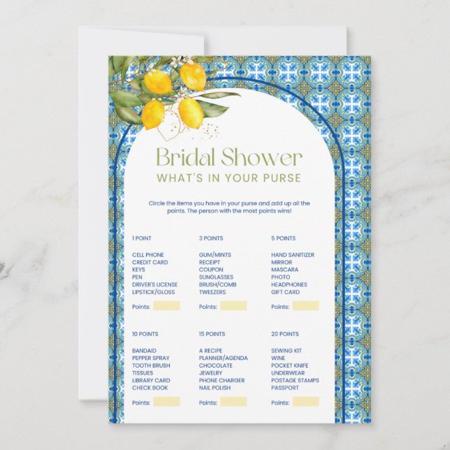 Invitación Lemon Bridal Shower What's In Your Purse Game Card (Anverso)