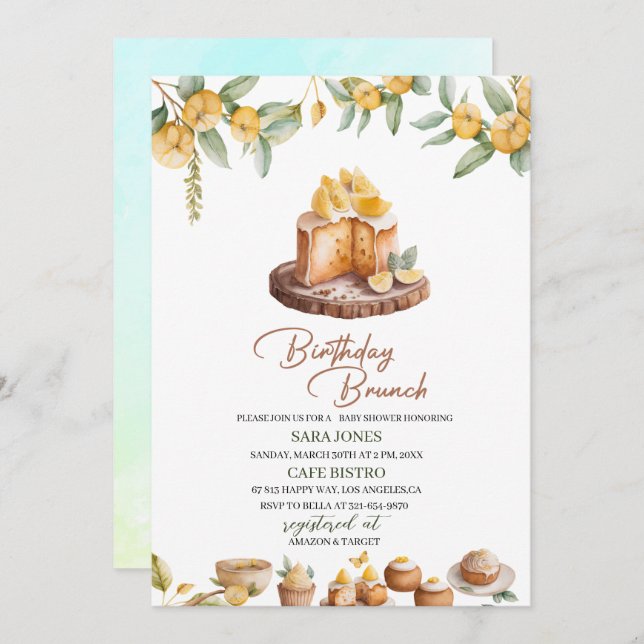 Invitación Lemon Cakes Watercolor Brunch Cumpleaños (Anverso / Reverso)
