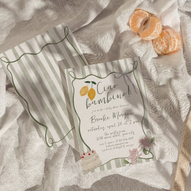 Invitación Lemon Ciao Bambino Género neutral italiano (Italian Lemon Gender Neutral Baby Shower Invite)