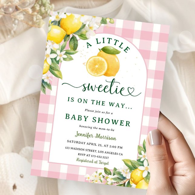 Invitación Lemon Citrus Baby Shower Chica Pink Gingham (Subido por el creador)