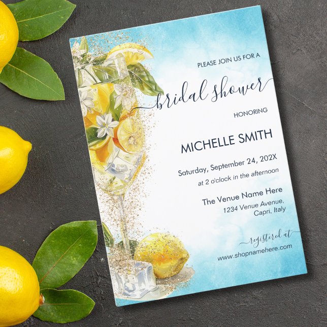 Invitación Lemon Citrus Cocktail Italia Ducha de novias (blue and yellow watercolor limoncello glass with ice)
