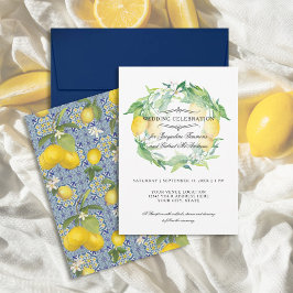 Invitación Lemon Citrus Floral Blue Tile Watercolor Boda