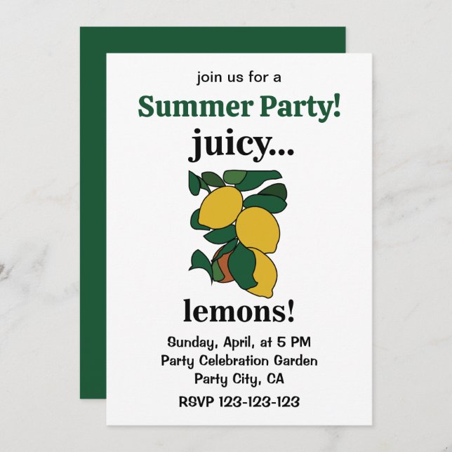Invitación Lemon Citrus Fruit Summer Fiesta (Anverso / Reverso)