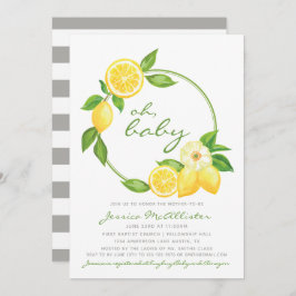 Invitación Lemon Citrus Green Gray Stripe Unisex Baby Shower
