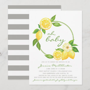 Invitación Lemon Citrus Green Gray Stripe Unisex Baby Shower
