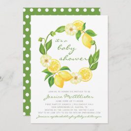 Invitación Lemon Citrus Green y Gray Polkadot Baby Shower