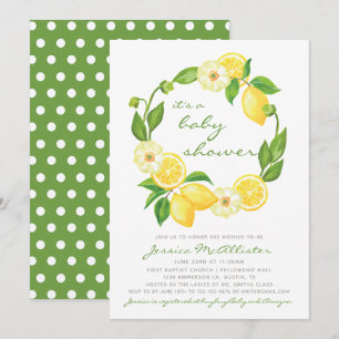 Invitación Lemon Citrus Green y Gray Polkadot Baby Shower