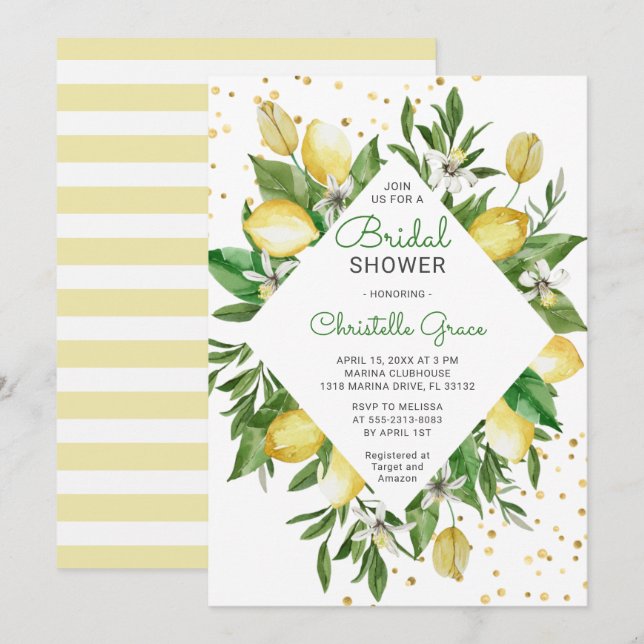 Invitación Lemon Citrus Mediterranean Italy Bridal Shower (Anverso / Reverso)