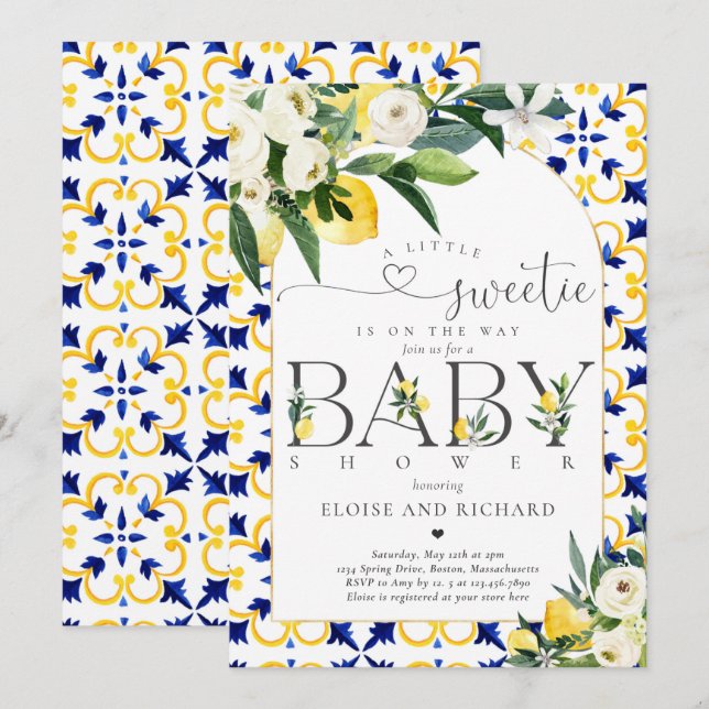 Invitación Lemon Citrus mediterráneo Baby Shower Botánico (Anverso / Reverso)