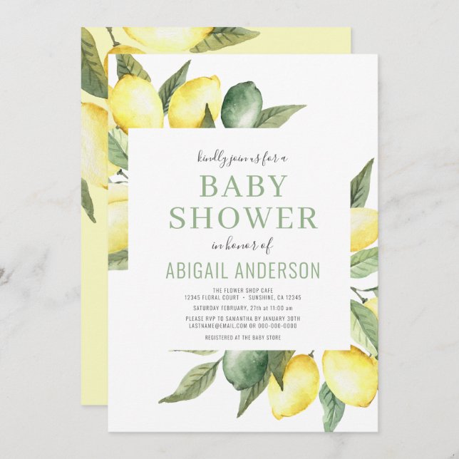 Invitación Lemon Citrus Modern Watercolor Baby Shower   (Anverso / Reverso)