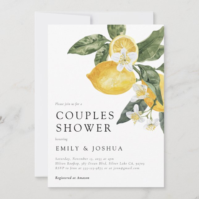 Invitación Lemon Citrus Watercolor Couples Shower (Anverso)