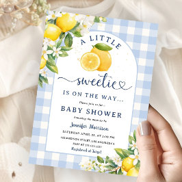 Invitación Lemon Citrus Yellow Baby Shower Boy Blue Gingham