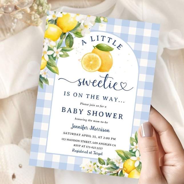 Invitación Lemon Citrus Yellow Baby Shower Boy Blue Gingham (Subido por el creador)