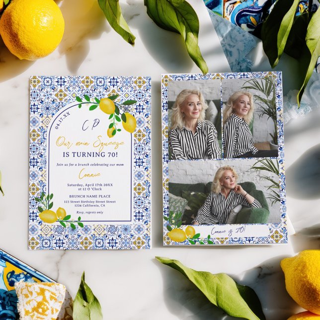 Invitación Lemon de mosaico italiano Nuestro principal apretó (Italian Tile Lemon Our main Squeeze 70th Birthday Invitation)