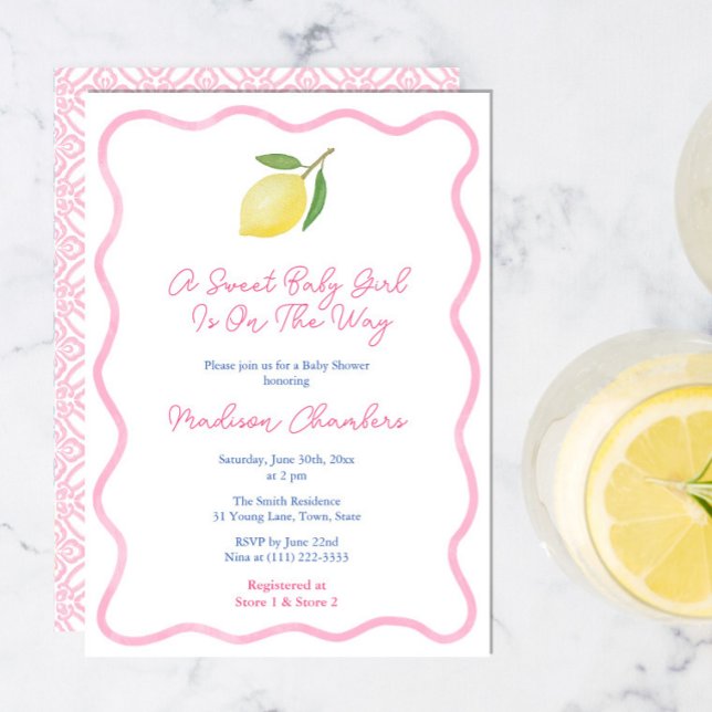 Invitación Lemon dulce dulce de limón rosado dulce para bebé  (Sweet Baby Girl Pink citrus shower invitation cards with vintage pink tile backer and wavy border)