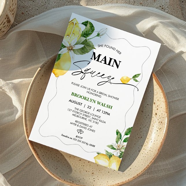 Invitación Lemon, encontró su principal ducha de brisa dulce (Modern Lemon Bridal Shower Invitation, Citrus, She found Her main Squeeze Bridals Shower Invitation)