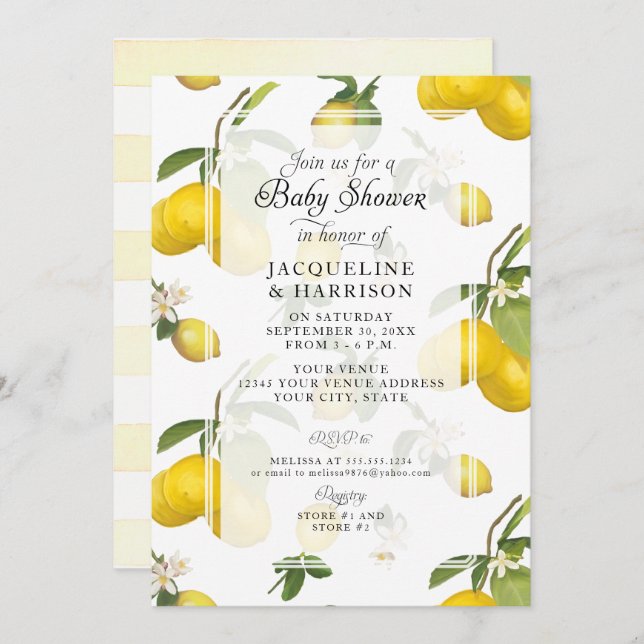 Invitación Lemon Floral Citrus Foliage Greenereneration Baby  (Anverso / Reverso)
