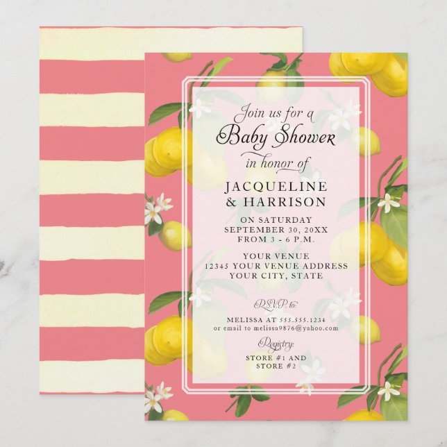 Invitación Lemon Floral Citrus Greeneration Pink Baby Girl Sh (Anverso / Reverso)