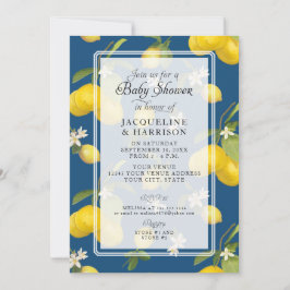 Invitación Lemon Floral Citrus Greenery Blue Baby Boy Shower