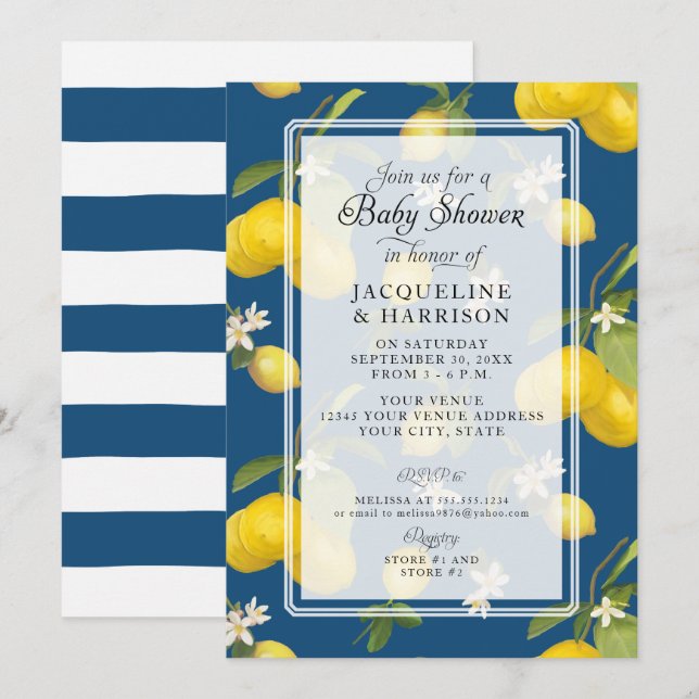 Invitación Lemon Floral Citrus Greenery Blue Baby Boy Shower (Anverso / Reverso)