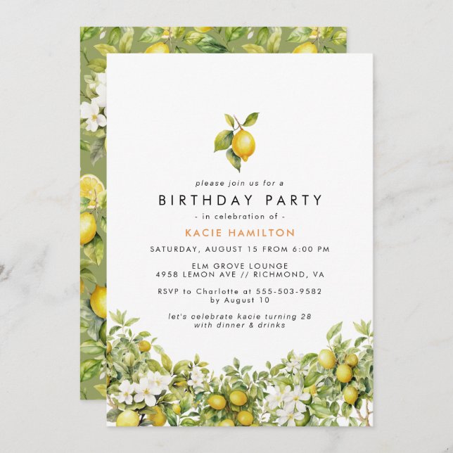 Invitación Lemon Floral | Cumpleaños de Adultos Amarillos Bri (Anverso / Reverso)