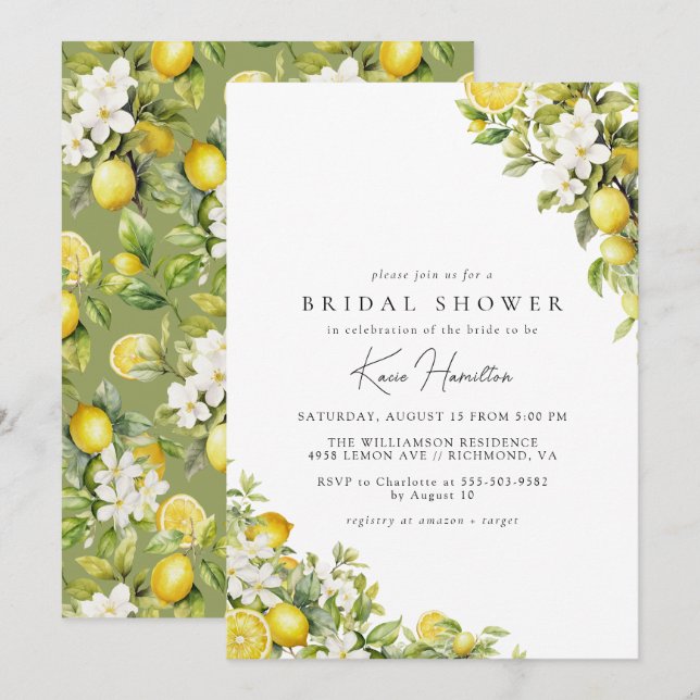 Invitación Lemon Floral | Elegante ducha de novia verde amari (Anverso / Reverso)