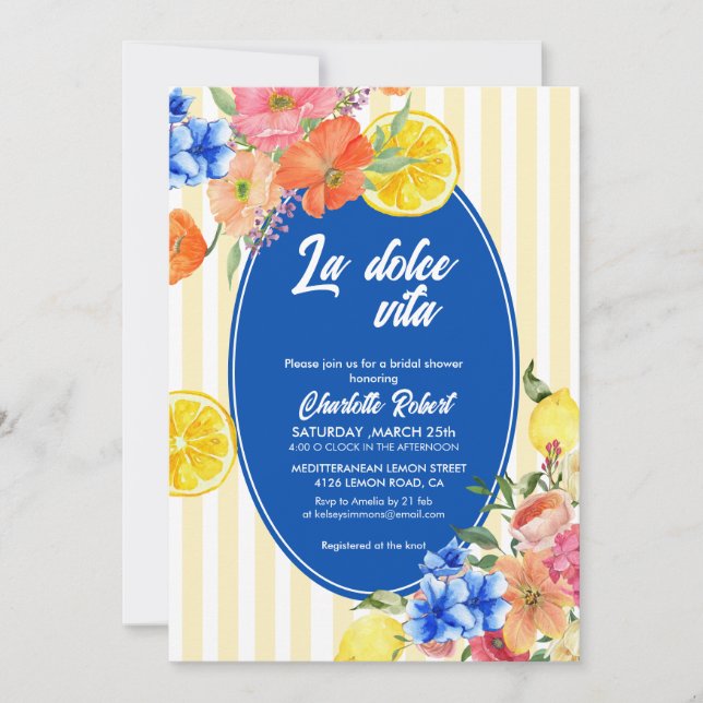 Invitación Lemon floral italiano verano ducha de novia (Anverso)