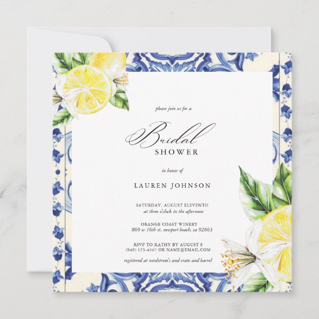 Invitación Lemon Floral Mediterranean Bridal Shower (Anverso)