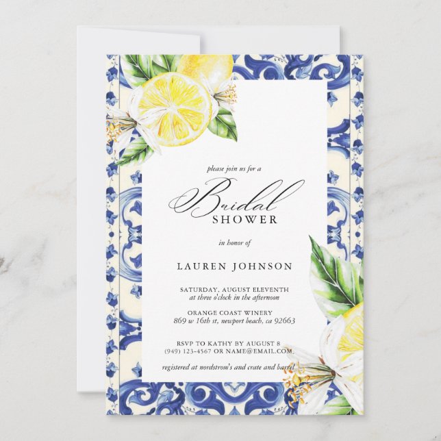Invitación Lemon Floral Mediterranean Bridal Shower (Anverso)
