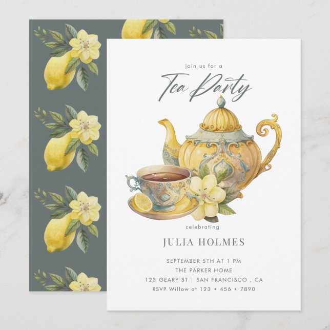 Invitación Lemon Floral | Teacup Tea Fiesta (Anverso / Reverso)
