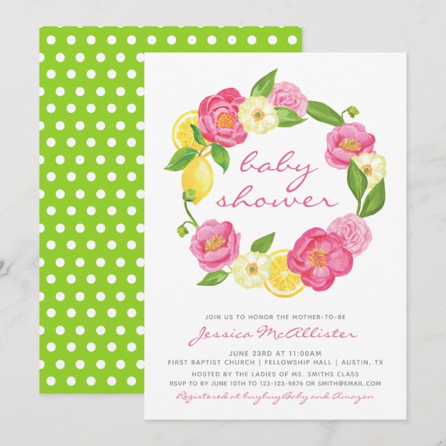 Invitación Lemon Floral Wreath Polkadot Chica Baby Shower (Anverso / Reverso)