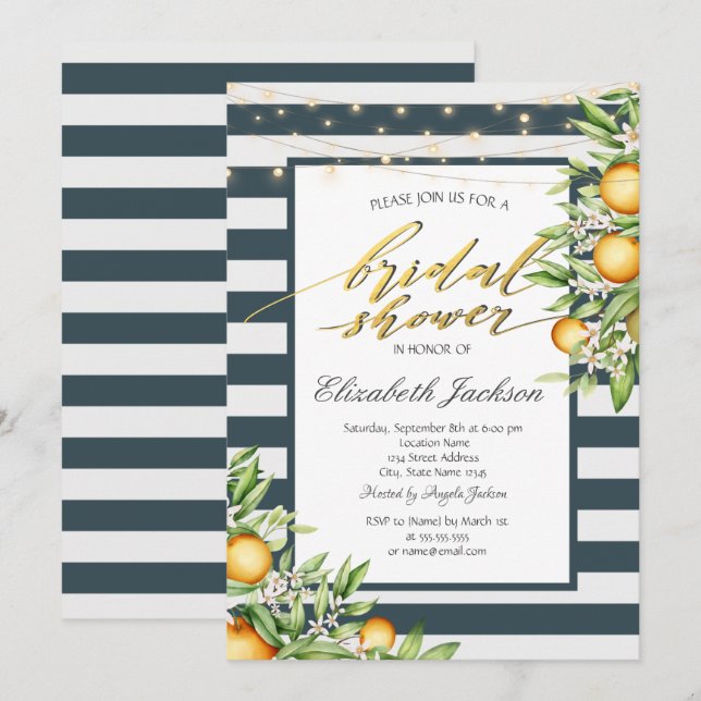 Invitación Lemon Frame Navy Blue Striped Bridal Shower (Anverso / Reverso)