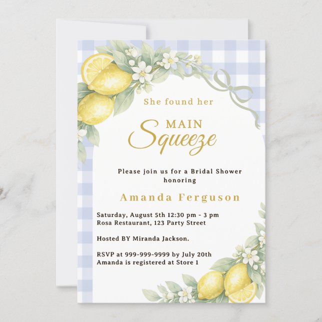 Invitación Lemon gingham blue main squeeze bow Bridal Shower (Anverso)