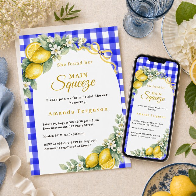 Invitación Lemon gingham blue main squeeze bow Bridal Shower (Subido por el creador)