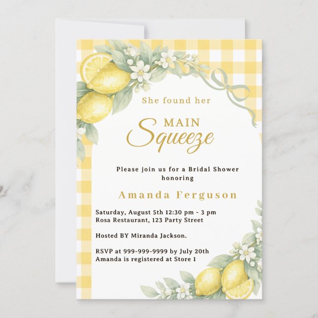Invitación Lemon gingham main squeeze bow Bridal Shower (Anverso)