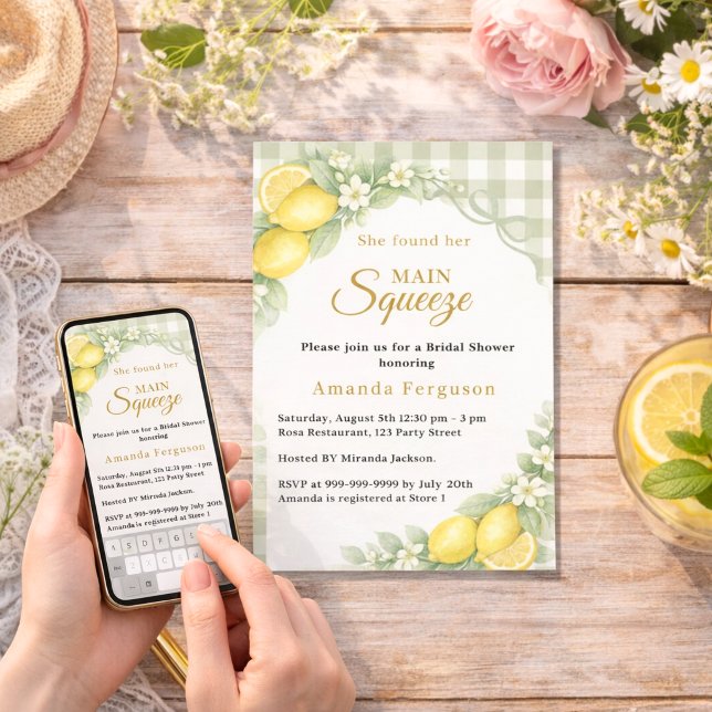 Invitación Lemon gingham sage main squeeze bow Bridal Shower (Subido por el creador)