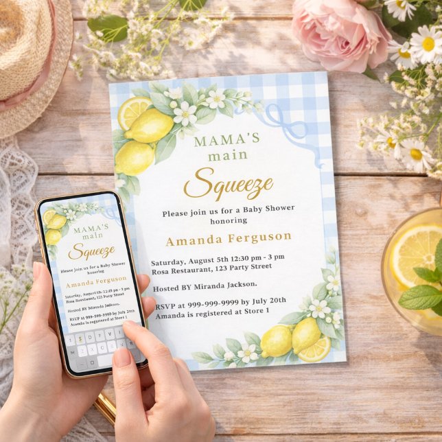 Invitación Lemon gingham squeeze blue bow boy Baby Shower (Subido por el creador)