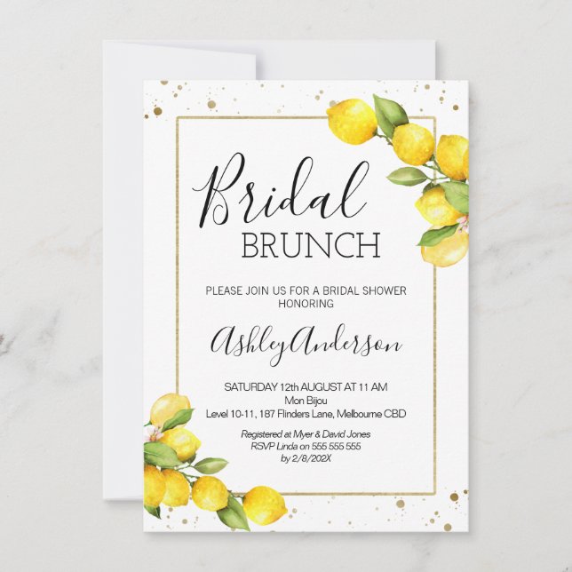 Invitación Lemon Gold Frame Bridal Brunch Bridal Bridal Showe (Anverso)