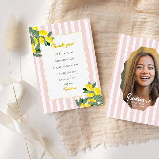 Invitación Lemon Graduation Thank You Card Pink Stripe Citrus