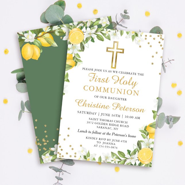 Invitación Lemon Greenery Gold Purpurina Primera Santa Comuni (Subido por el creador)