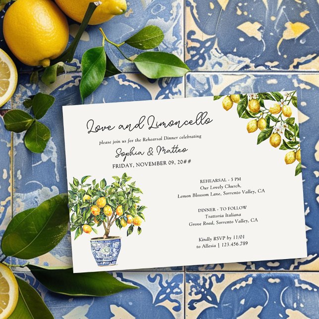 Invitación Lemon Grove Love y Limoncello Rehearsal Dinner (Wedding Rehearsal Dinner Invitation from the Lemon Grove Wedding Collection by Darling & May)