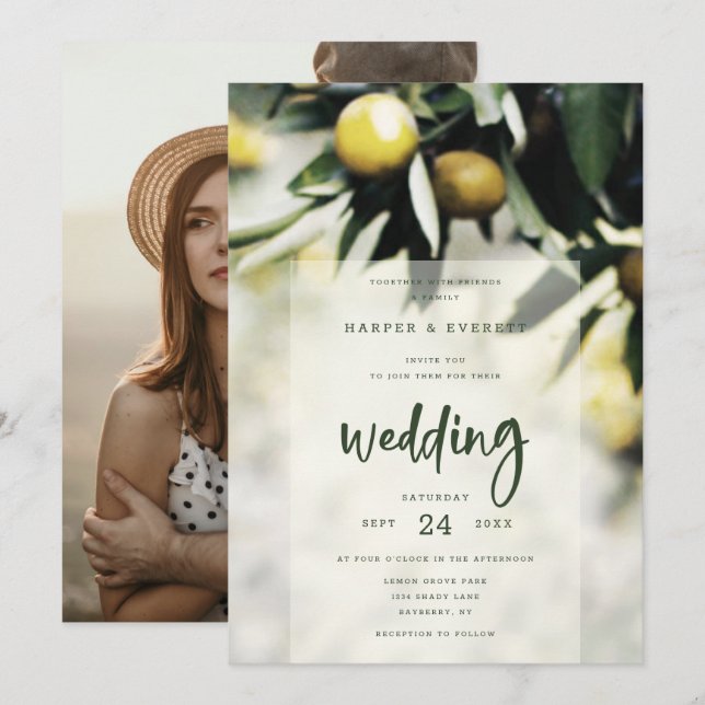 Invitación Lemon Grove | Moderno Boda de verano amarillo y ve (Anverso / Reverso)