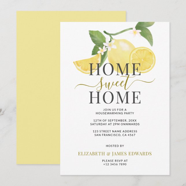 Invitación Lemon Home Sweet Home Fiesta de calentamiento de l (Anverso / Reverso)
