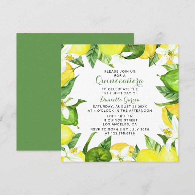 Invitación Lemon Lime Citrus Blossom Watercolor Quinceañera (Anverso / Reverso)