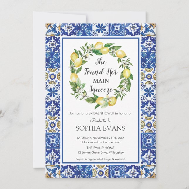 Invitación Lemon Main Squeeze Mediterránea Bridal Shower Inv (Anverso)
