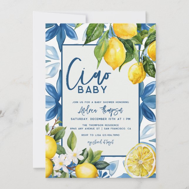 Invitación Lemon Mediterranean Blue Tile Baby Shower (Anverso)